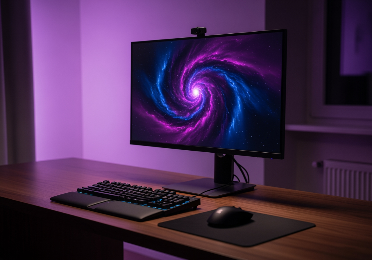 Spazio di lavoro moderno con illuminazione ambientale viola e arte digitale sullo schermo