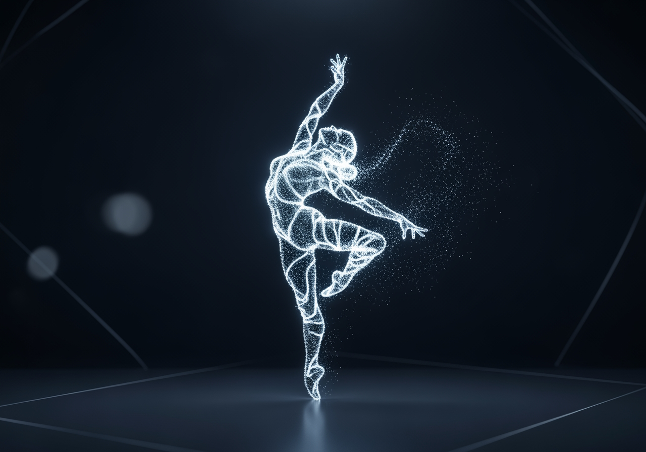 Silhouette of a futuristic digital dancer made of glowing neon particles performing a dynamic move