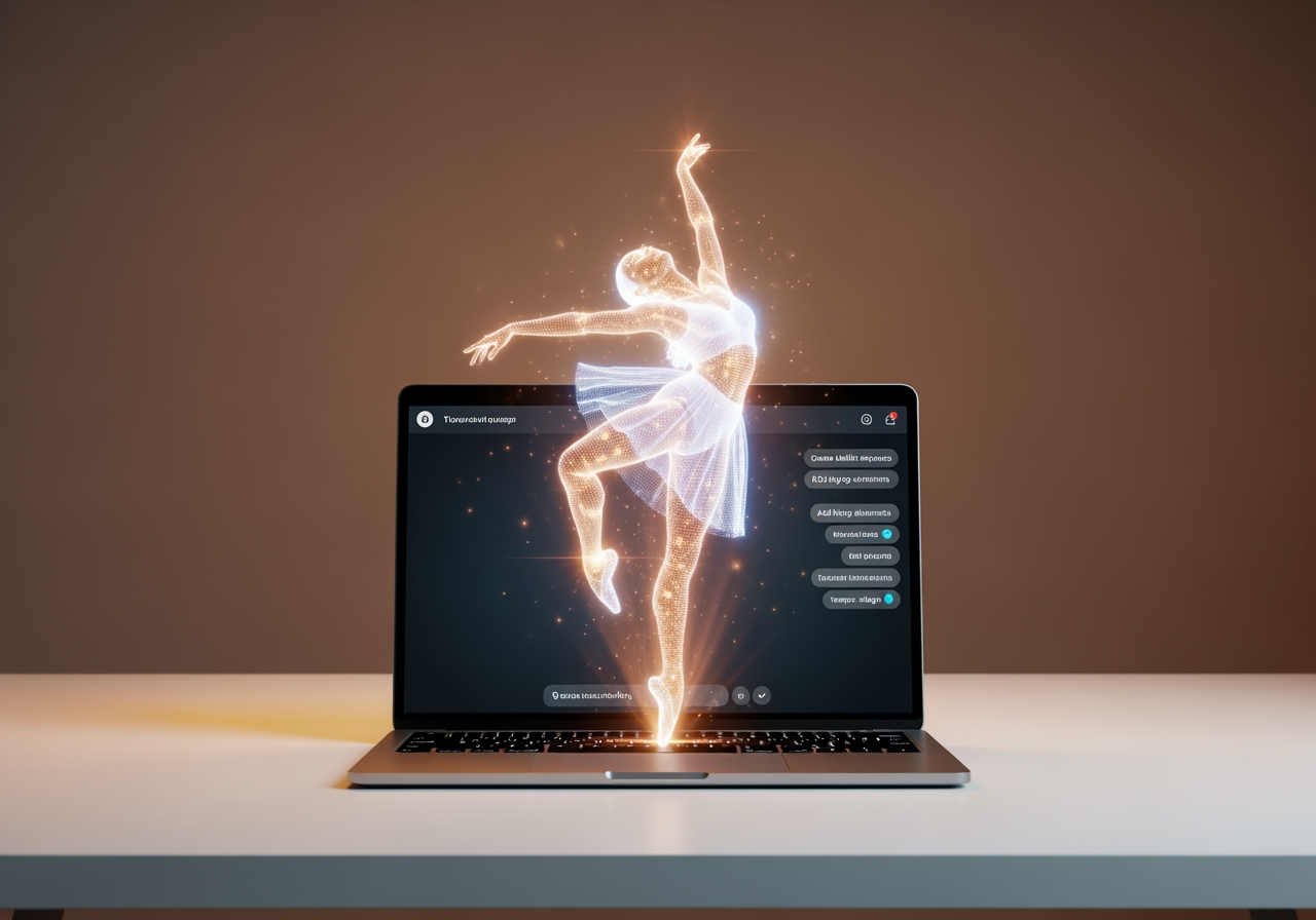 从书桌上的现代笔记本电脑中浮现的全息舞者