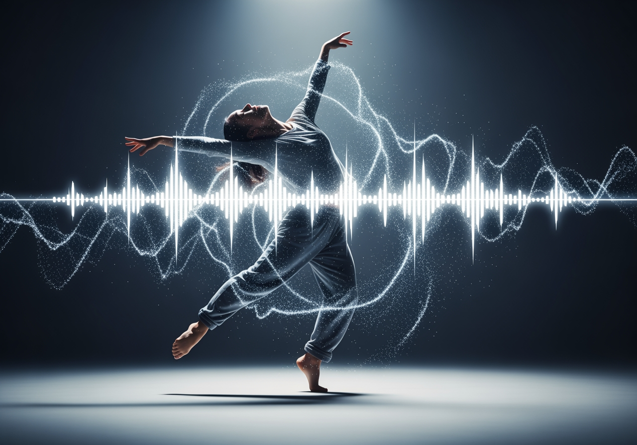 Dynamische Ansicht eines KI-generierten Tänzers, der sich zu digitalen Audiowellen bewegt