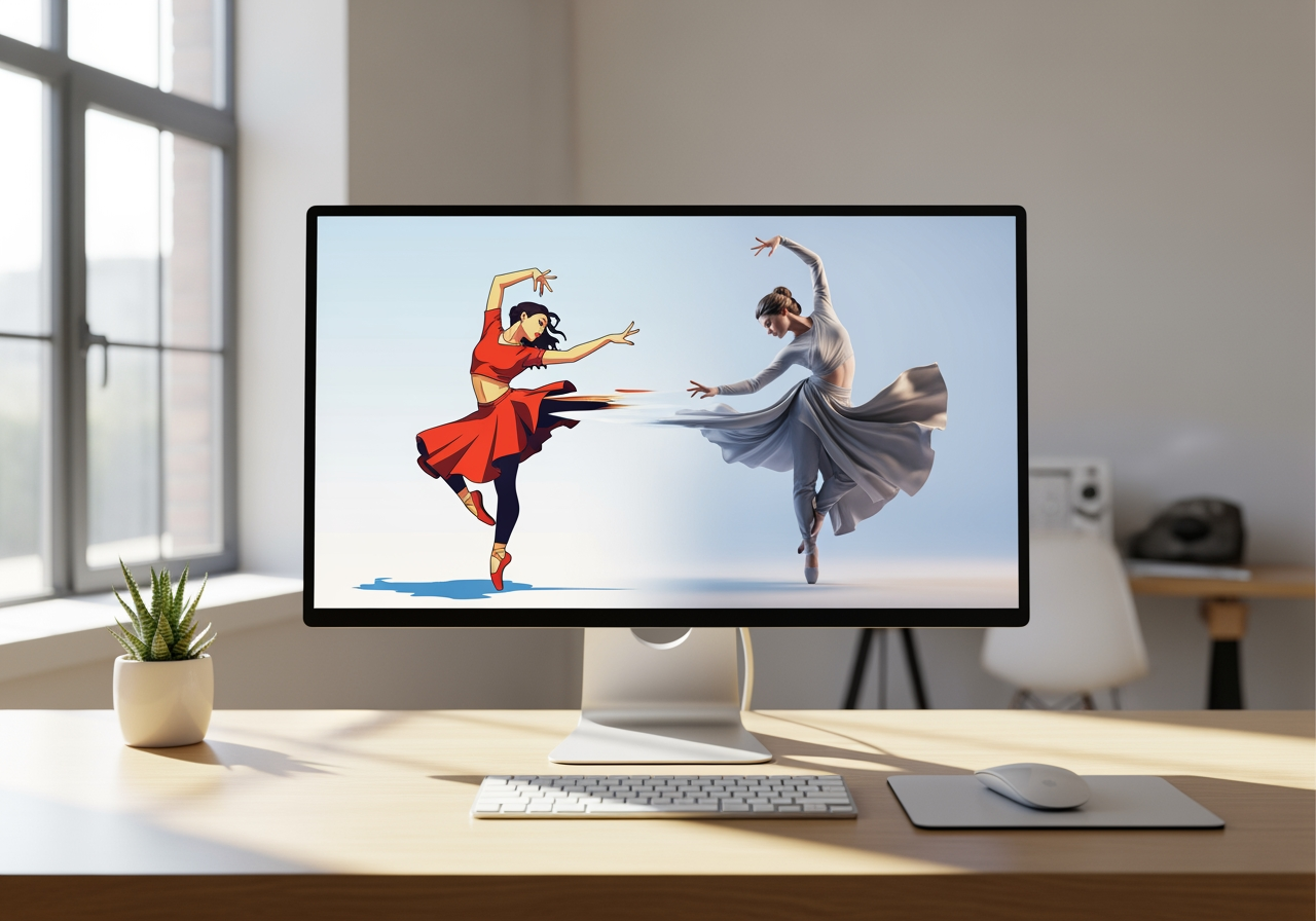 Monitorbildschirm, der eine Charakterillustration zeigt, die sich in einen 3D-Tänzer verwandelt