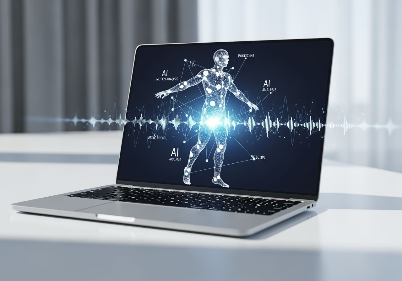 Laptop-Bildschirm zeigt 3D-Charakteranalyse für Tanzvideoerstellung