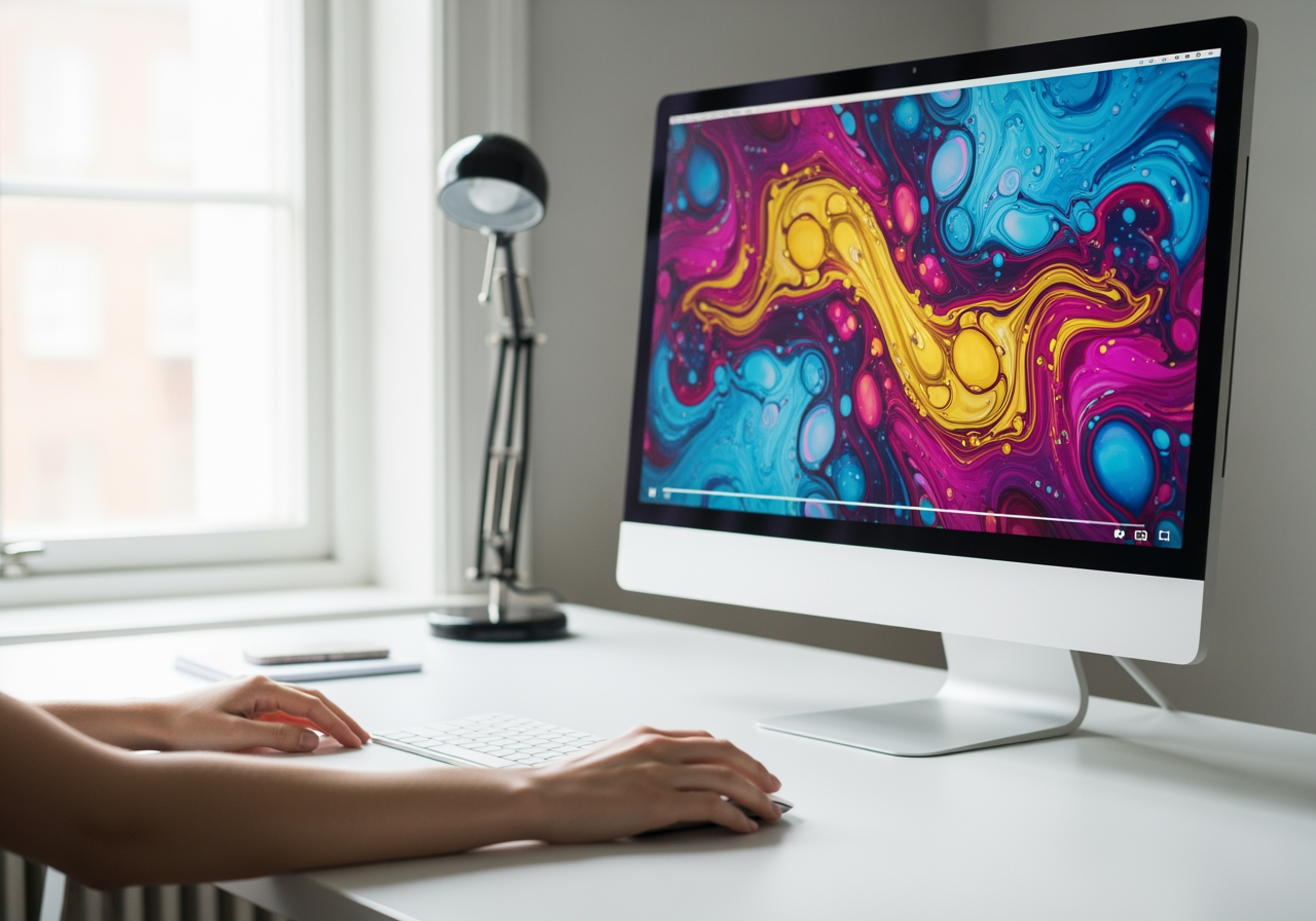 Spazio di lavoro creativo con monitor che mostra un video di arte astratta fluida