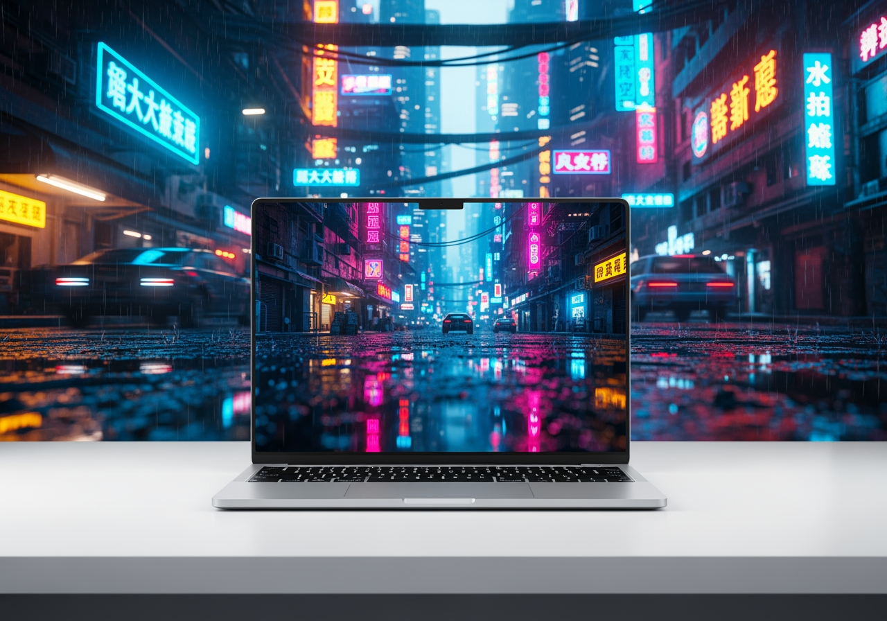 Schermo di portatile moderno che mostra un video cinematografico di città cyberpunk al neon