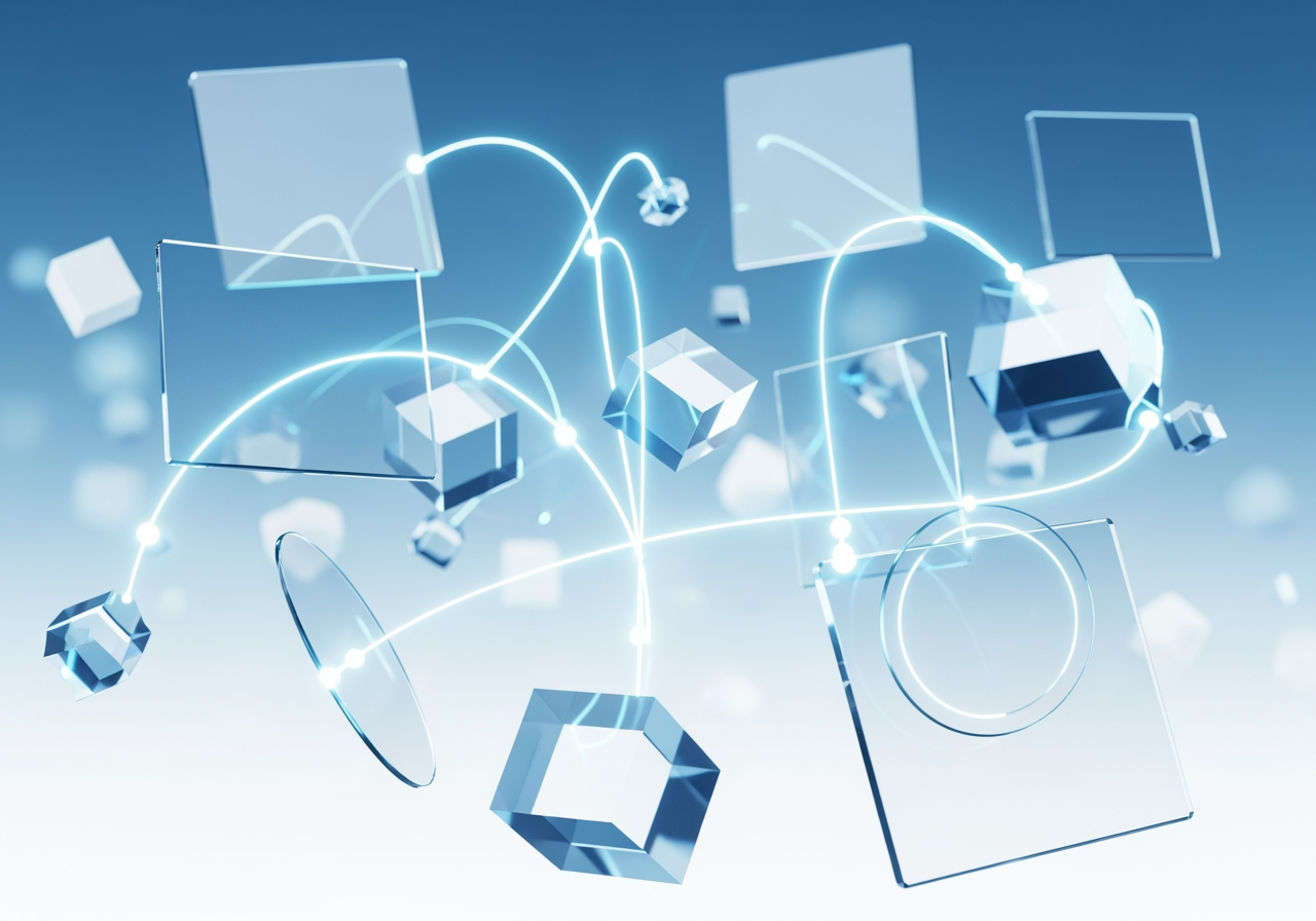 Composizione astratta di schermi di vetro fluttuanti che rappresenta la collaborazione cloud