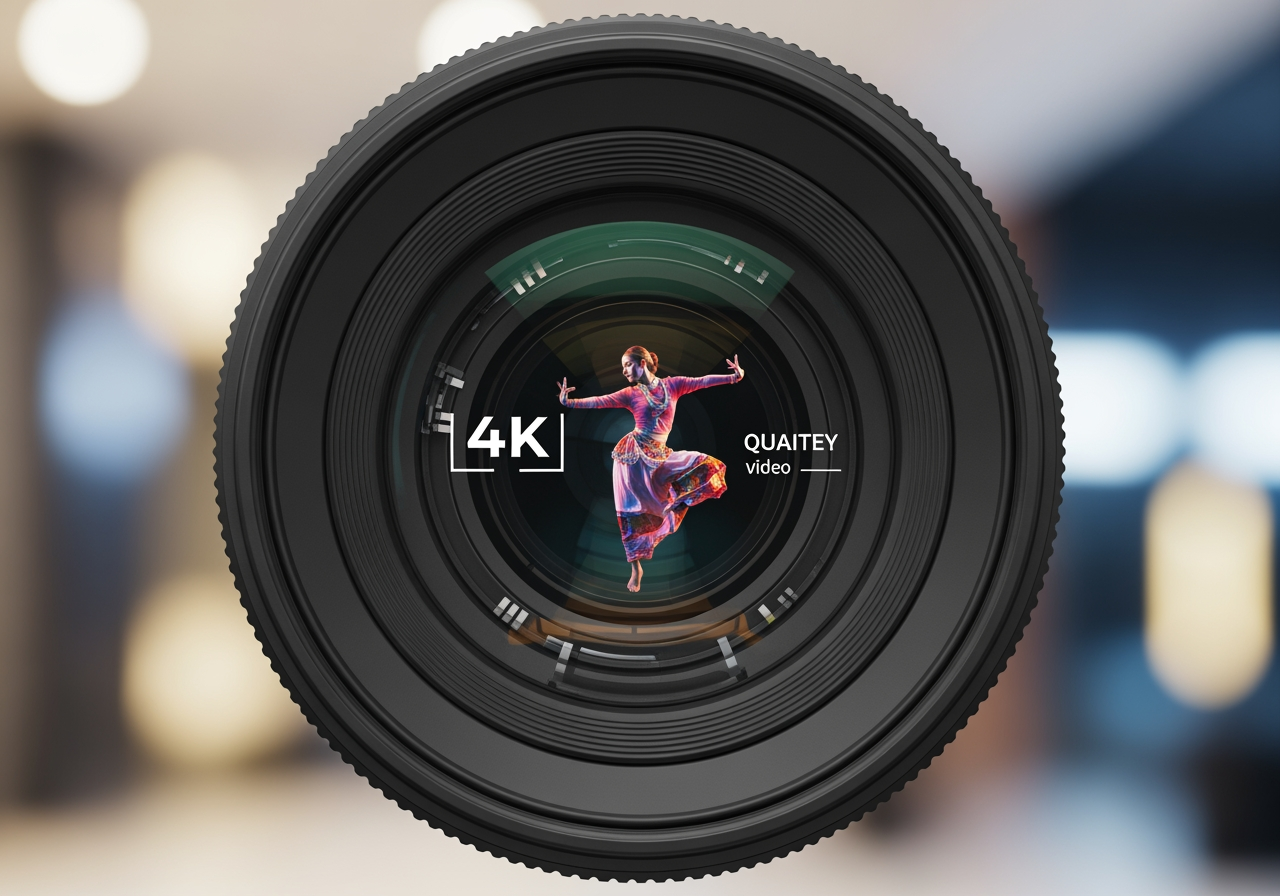 4K 업스케일링 품질을 상징하는 디지털 댄서에 초점을 맞춘 카메라 렌즈