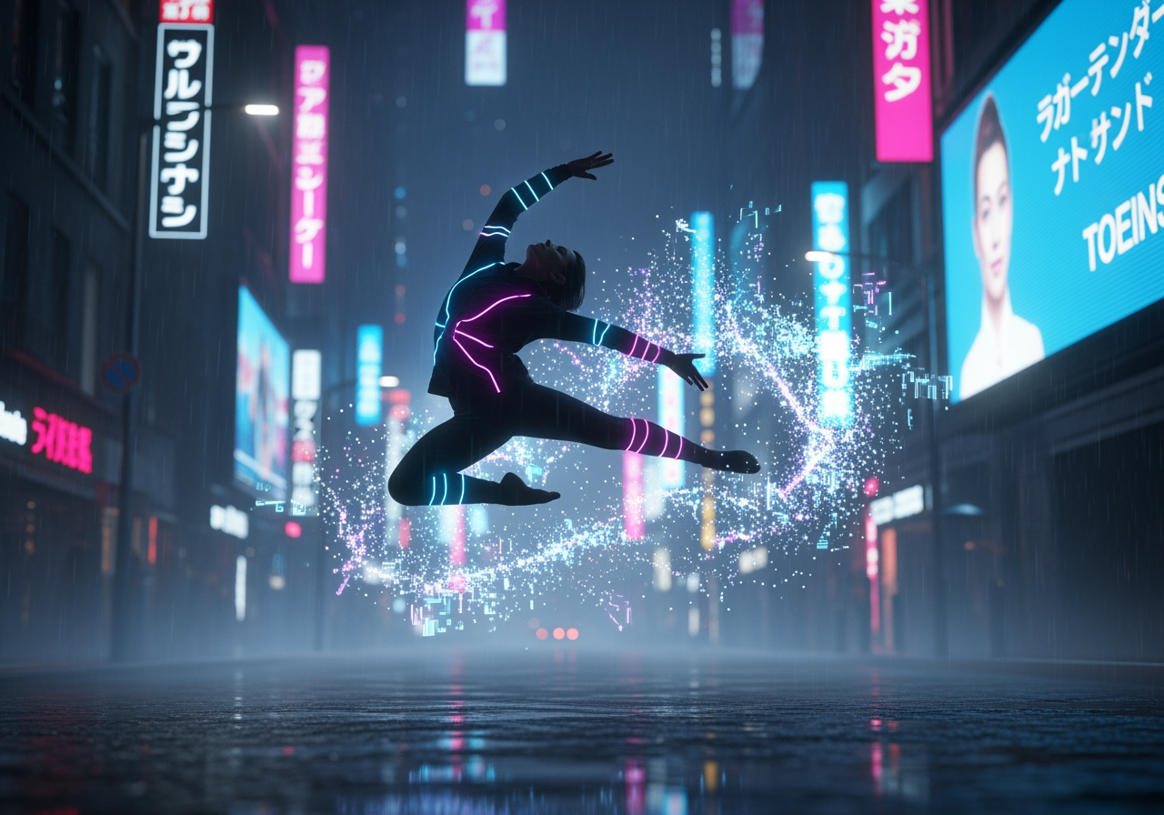 Ballerino generato dall'IA che si esibisce in uno sfondo di città cyberpunk