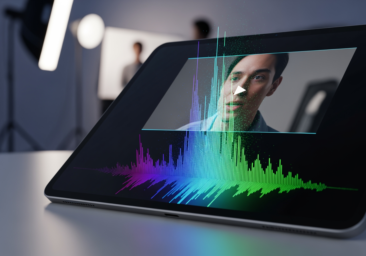 Interfaccia tablet futuristica che mostra la forma d'onda di editing video AI