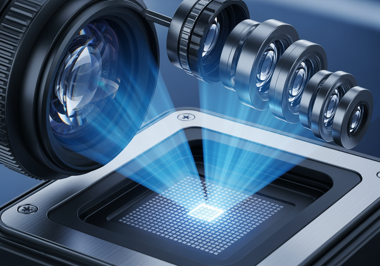 Scatto macro di obiettivo della fotocamera che simboleggia la qualità di upscaling video 4K