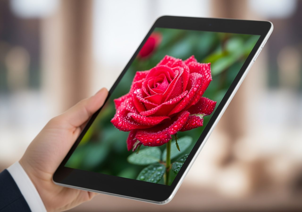 Gros plan d'un écran de tablette affichant une photo restaurée de haute qualité et sans filigrane