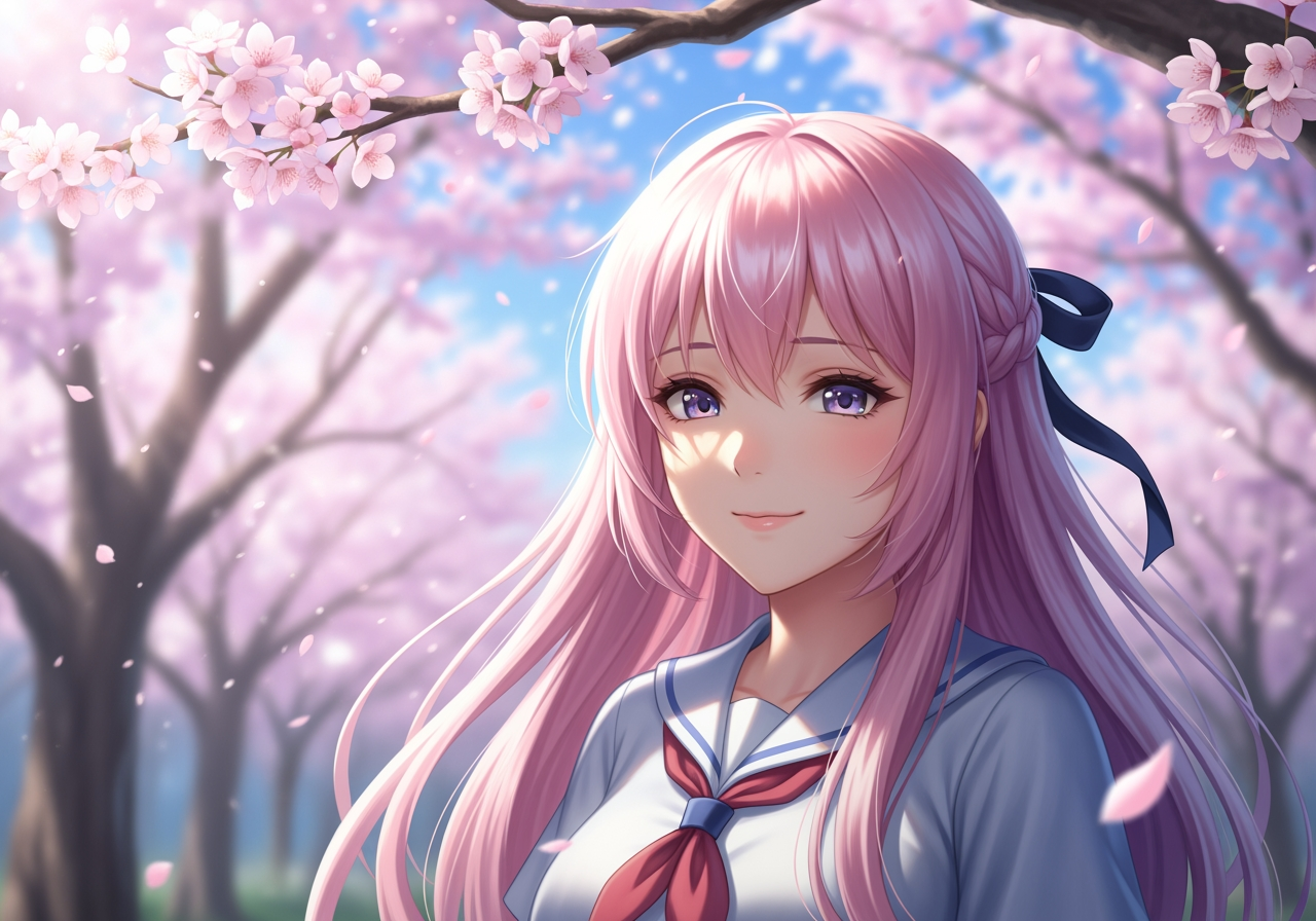 Imagen generada por IA de alta calidad de una chica linda con cabello pastel sonriendo bajo cerezos