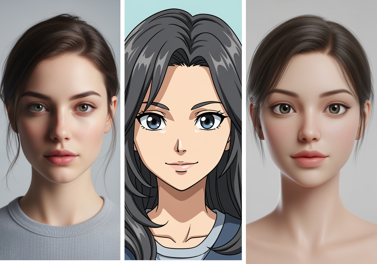 Comparación de retratos de personajes femeninos en estilos realista, anime y 3D generados por modelos de IA