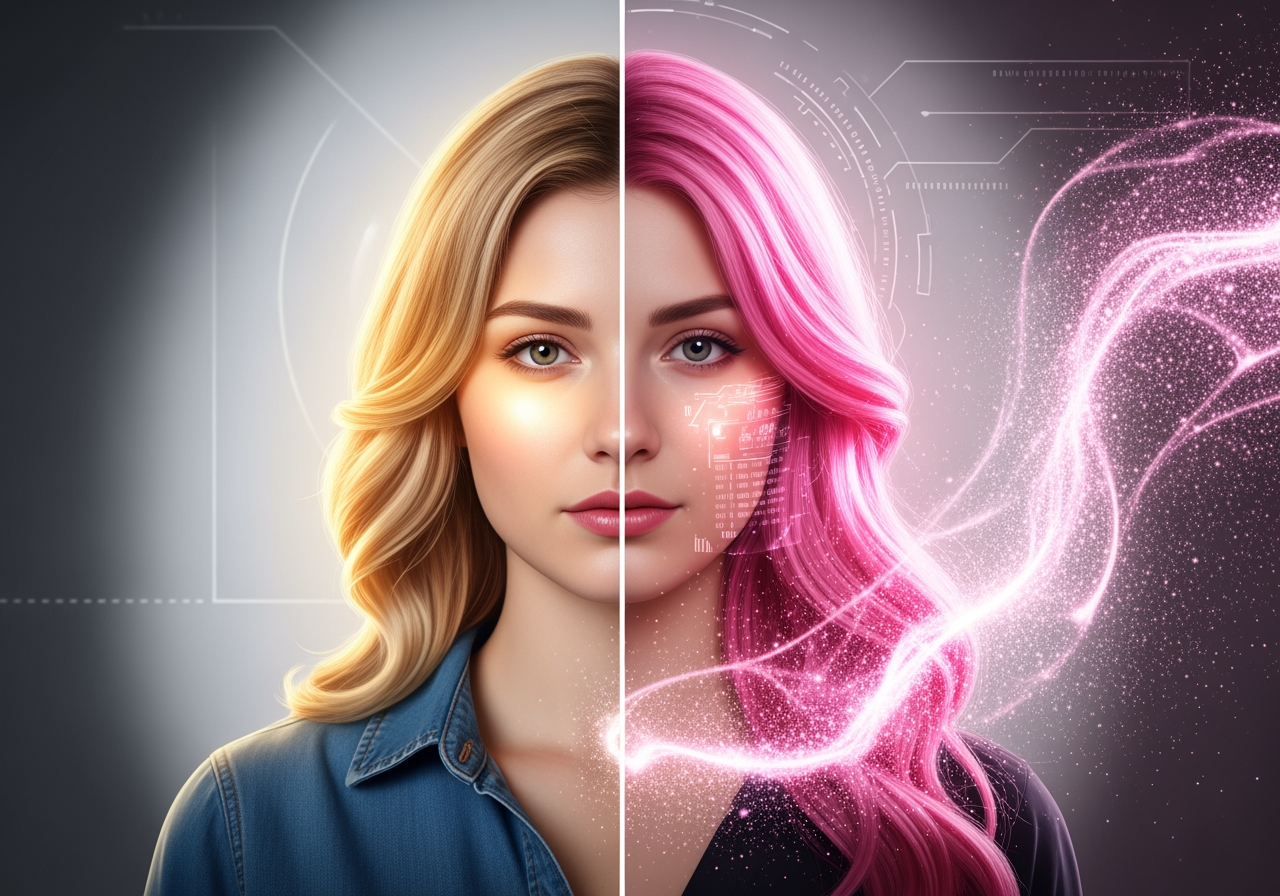 Imagen conceptual que muestra el cambio de color de cabello de un personaje de rubio a rosa usando herramientas de edición de IA