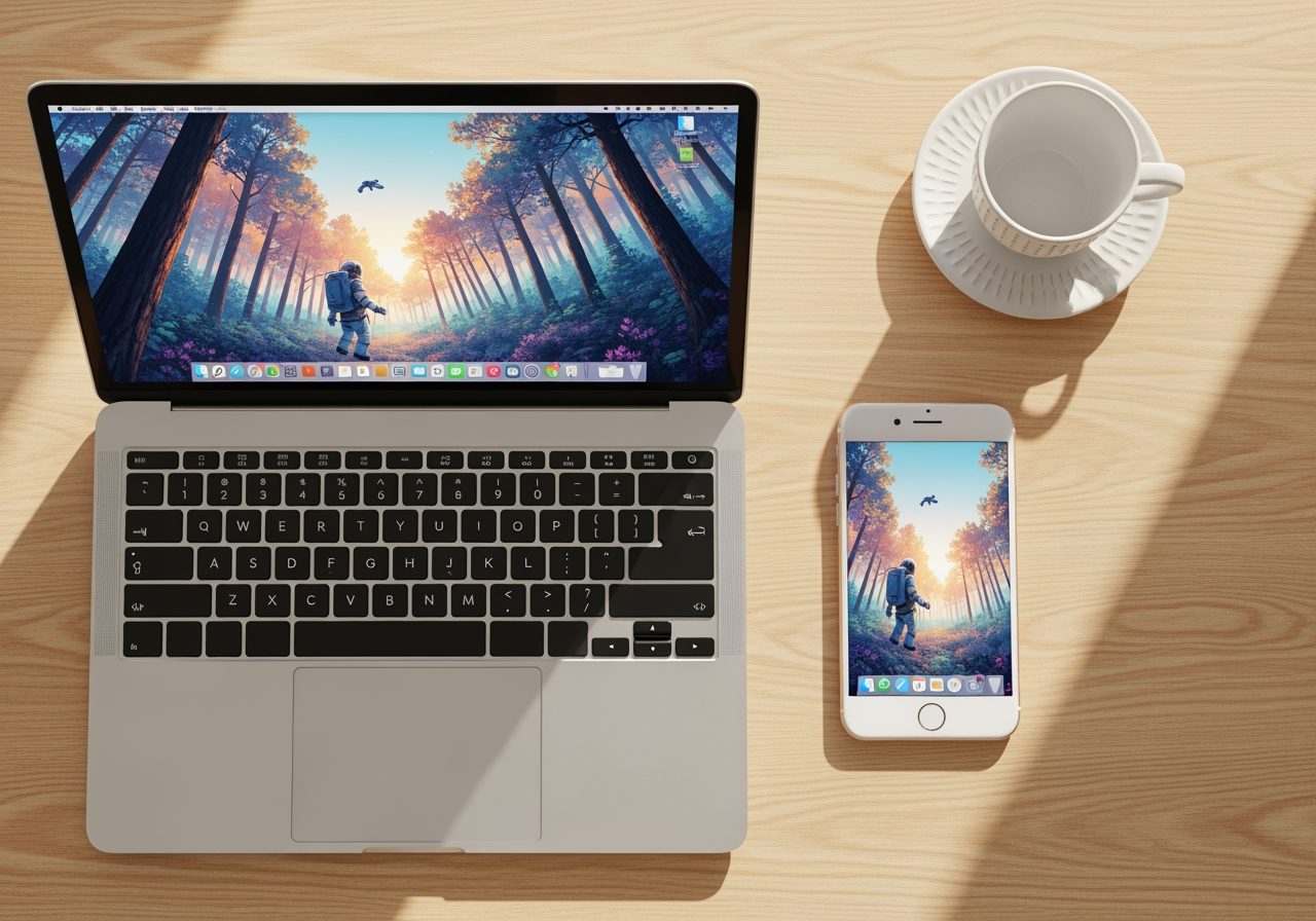 桌上显示梦幻森林壁纸的笔记本电脑和智能手机