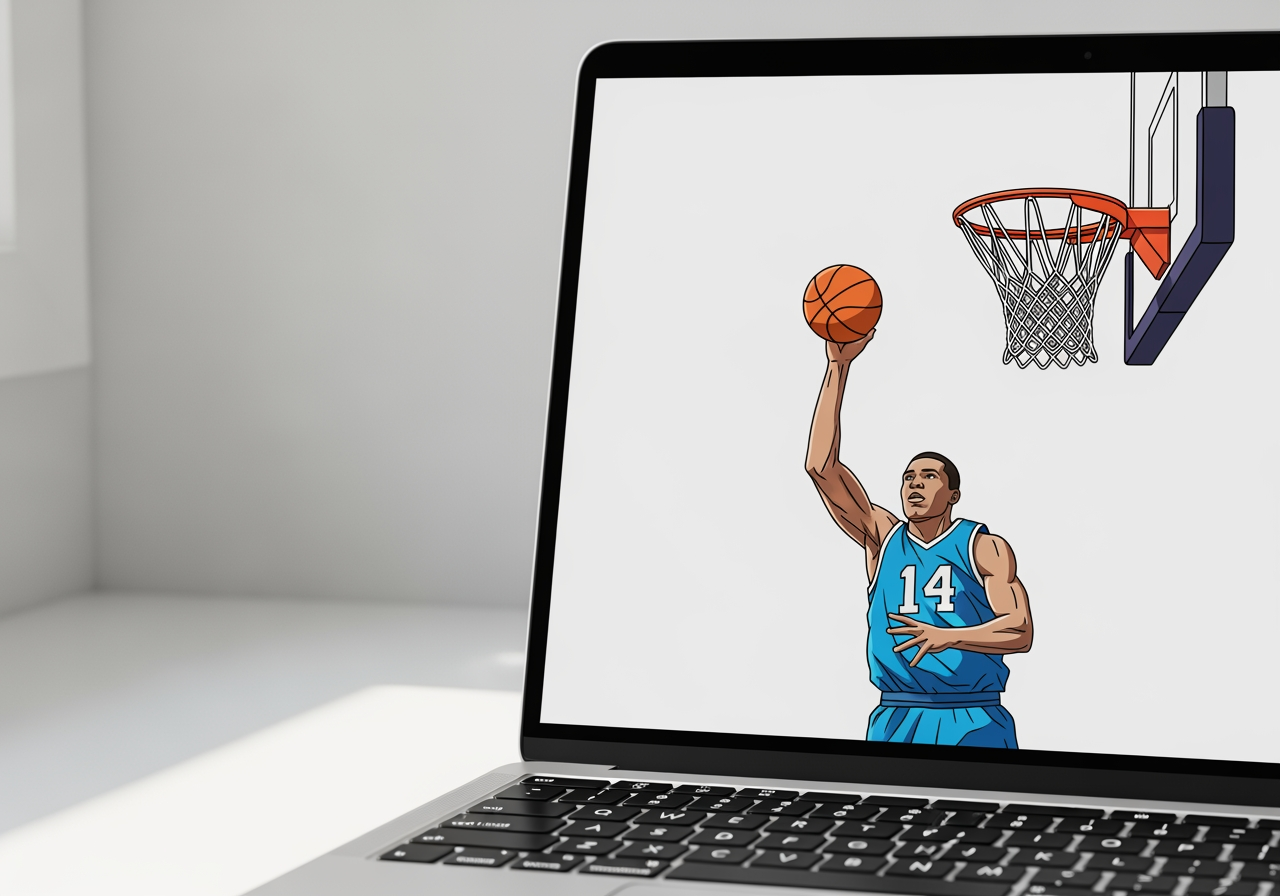 Pantalla de portátil mostrando una ilustración vectorial vibrante de un jugador de baloncesto haciendo un mate