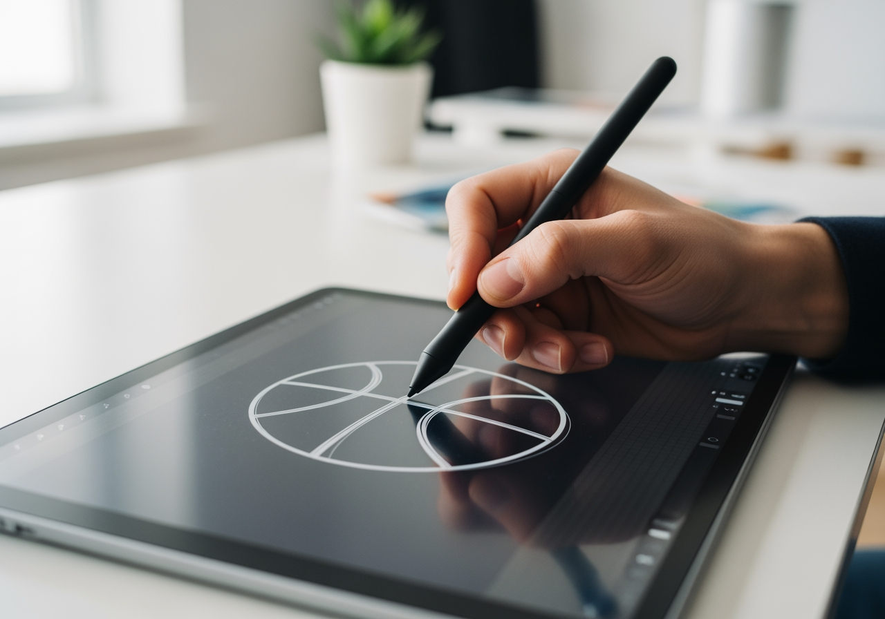 Primer plano de un artista digital bocetando un logotipo de baloncesto en una tableta en un estudio moderno