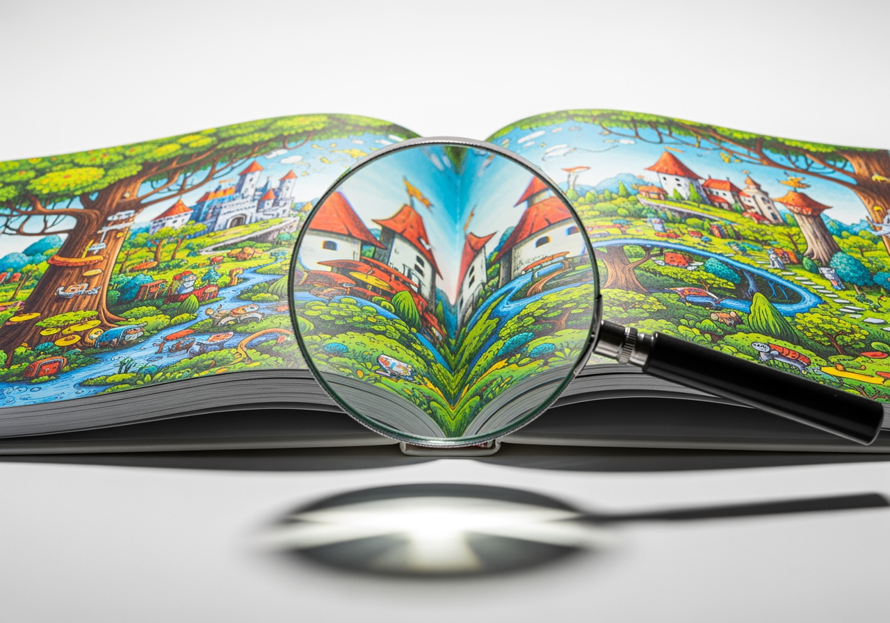 고해상도 4K 책 일러스트를 자세히 보여주는 돋보기