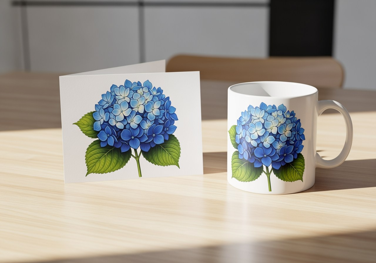 나무 테이블 위에 놓인 꽃 클립아트가 인쇄된 머그컵과 엽서 목업