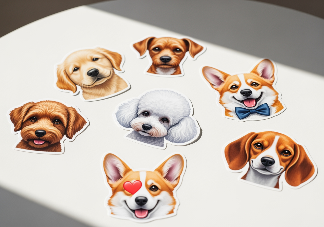 Adesivi stampati di alta qualità di varie razze di cani disposti su una superficie bianca