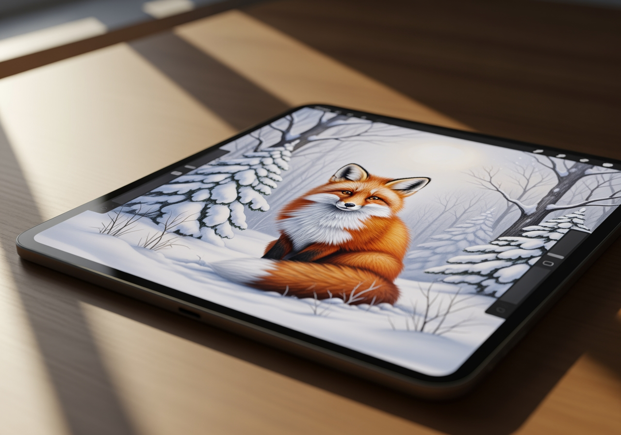 Digitale Bleistiftskizze eines Rotfuchses im Winterwald auf einem Tablet-Bildschirm