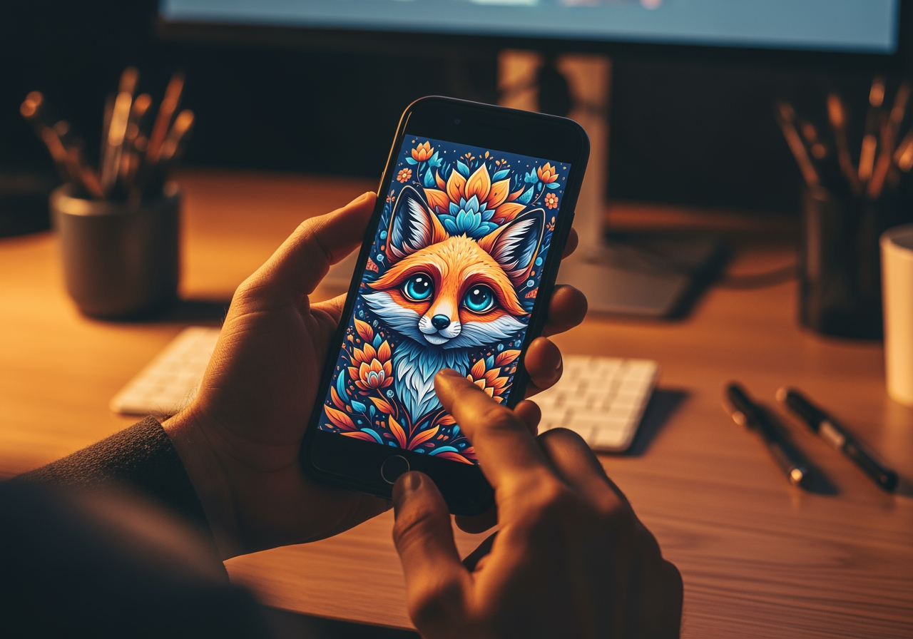 Kreativer betrachtet eine skurrile Fuchsillustration auf einem Smartphone in einem modernen Arbeitsbereich