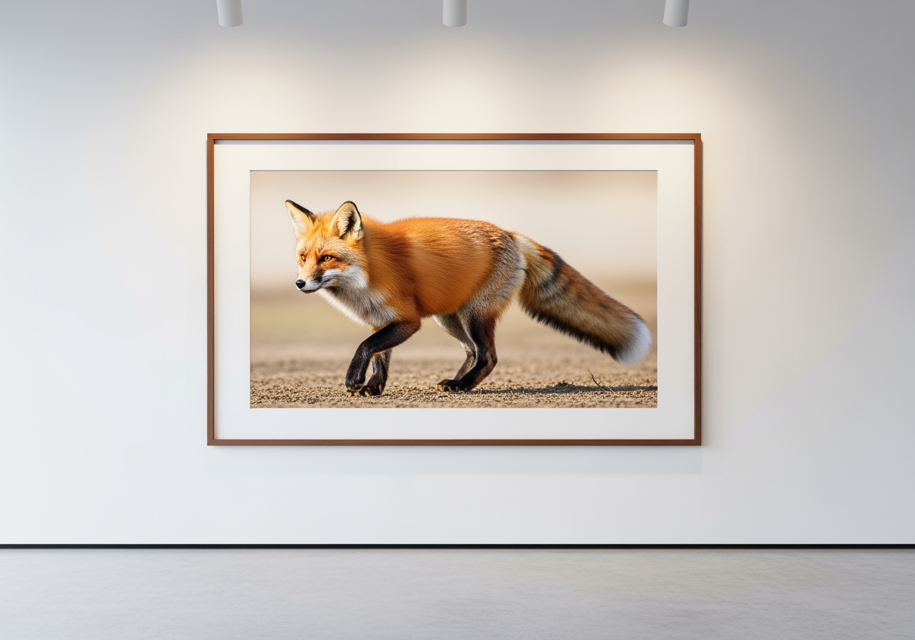 Gerahmter hochauflösender Fuchskunstruck hängt an einer sauberen Galeriewand