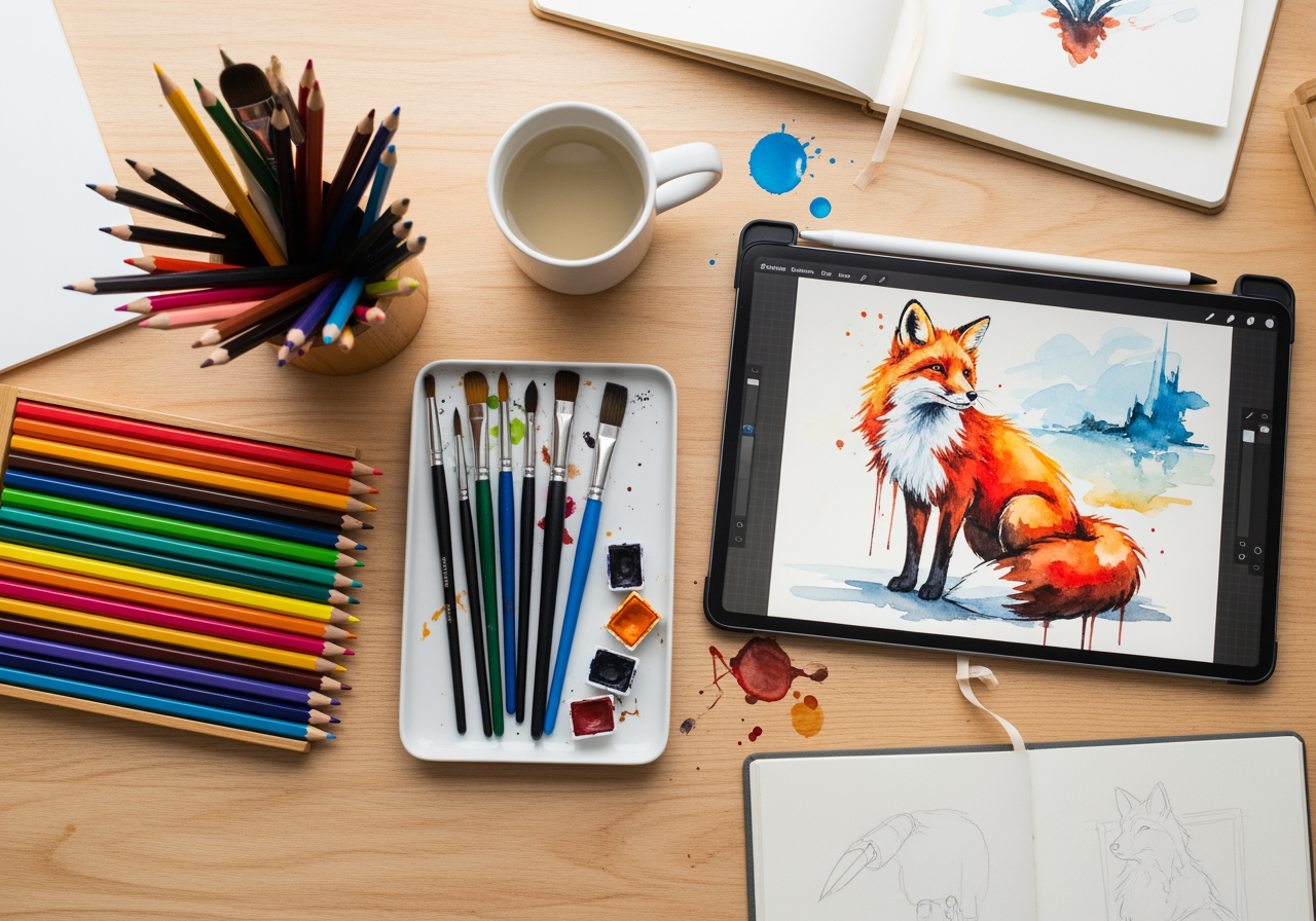 Tablet zeigt Aquarell-Fuchskunst neben traditionellen Kunstwerkzeugen auf einem Schreibtisch