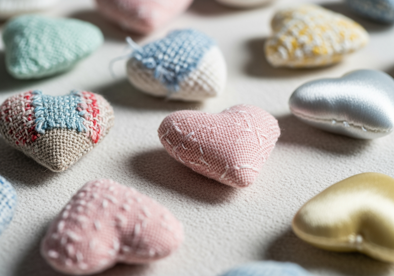 Makro-Nahaufnahme von strukturierten Stoffherzen