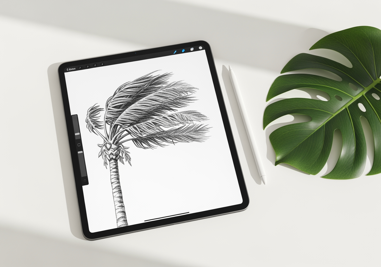 Digital tablet displaying a detailed pencil sketch of a palm tree next to a stylus