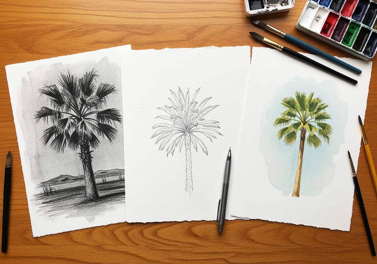 Comparison of three artistic styles of palm tree drawings: charcoal, ink, and watercolor