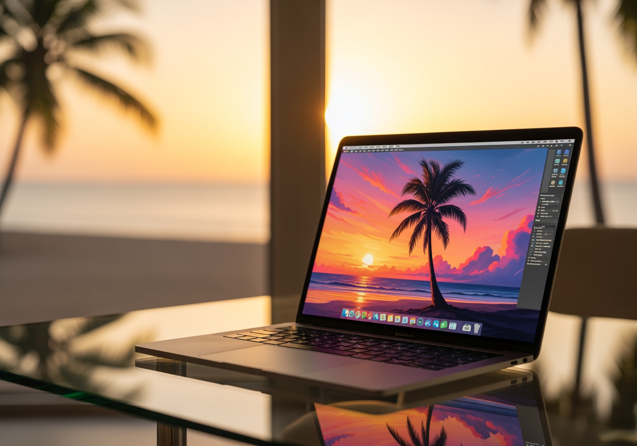 Laptop displaying digital palm tree art in a tropical workspace setting