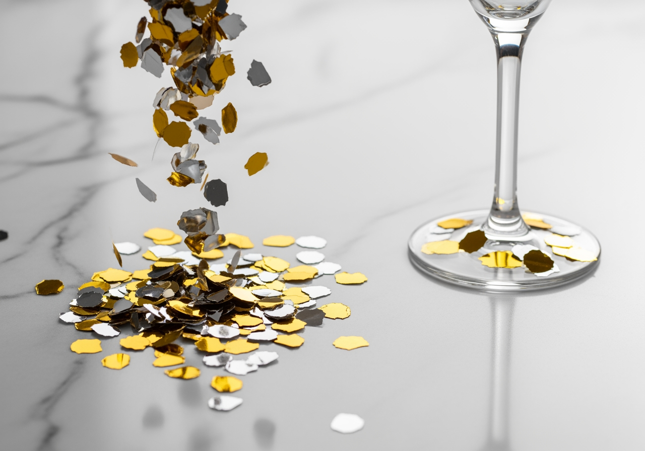 Gros plan de confettis élégants or et argent sur une surface en marbre montrant une esthétique luxueuse.