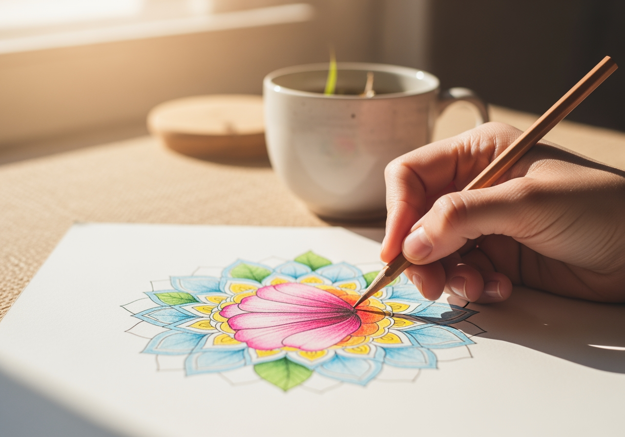 Scène de pleine conscience relaxante coloriant un mandala avec une tasse de thé