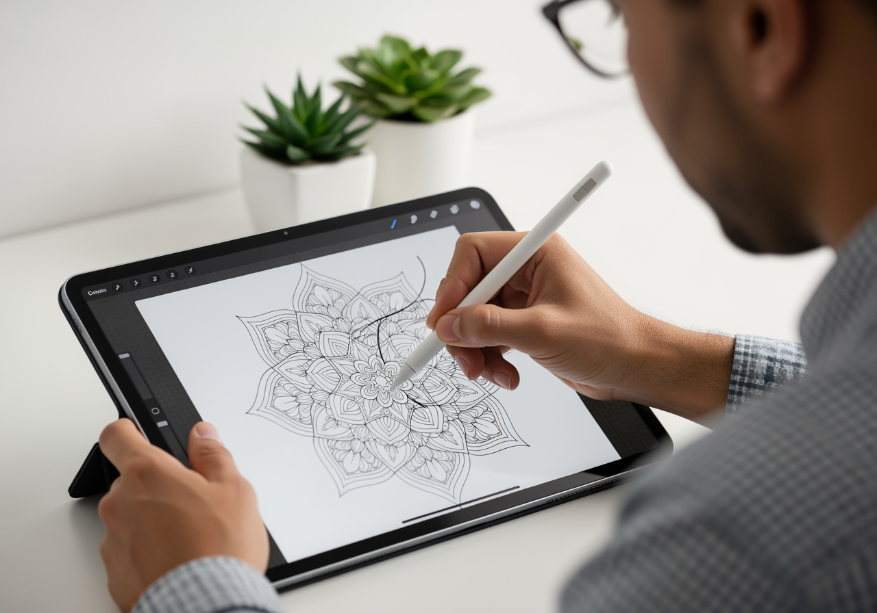 Artiste utilisant un stylet sur une tablette pour modifier un motif de mandala