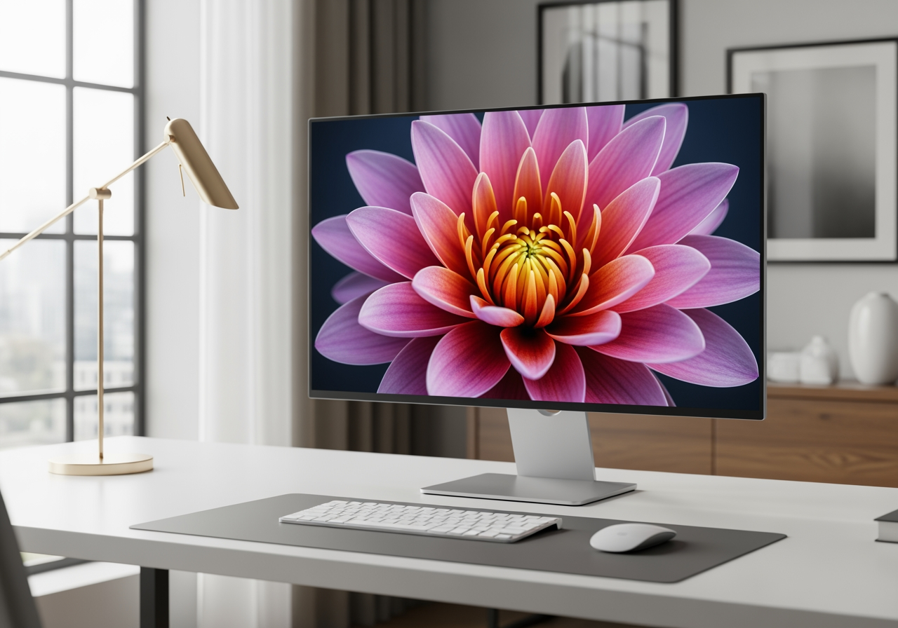 고화질 4K 꽃 배경화면을 표시하는 현대적인 작업 공간 모니터