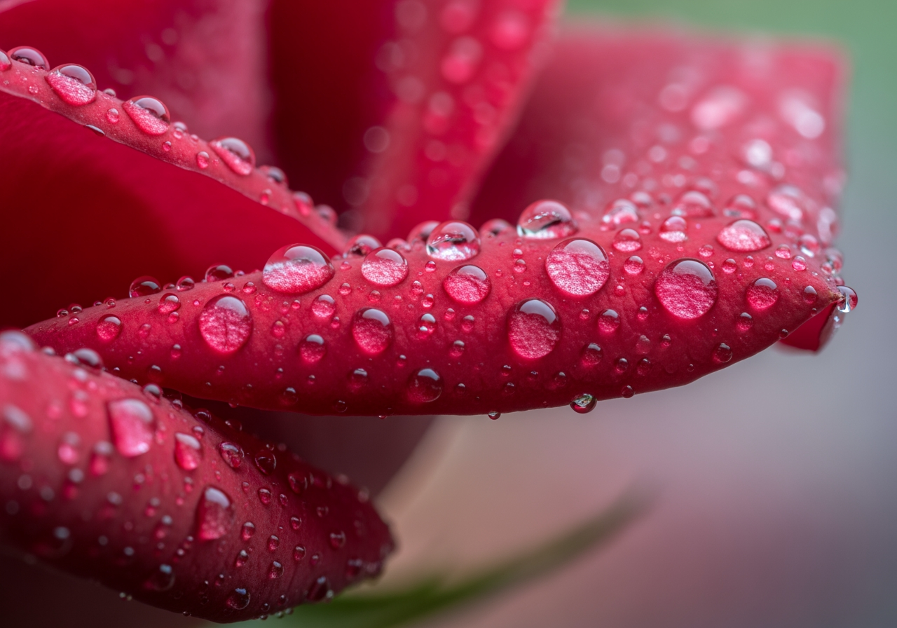 이슬방울이 맺힌 장미 꽃잎의 초고해상도 매크로 샷