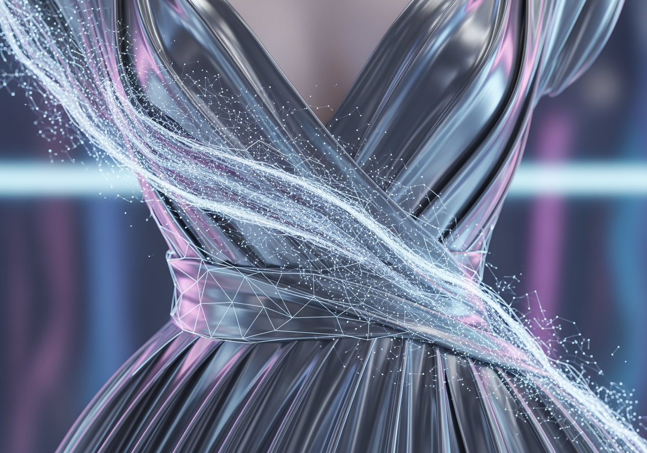 디지털 패션 디자인으로 변형되는 액체 금속 직물 질감의 클로즈업