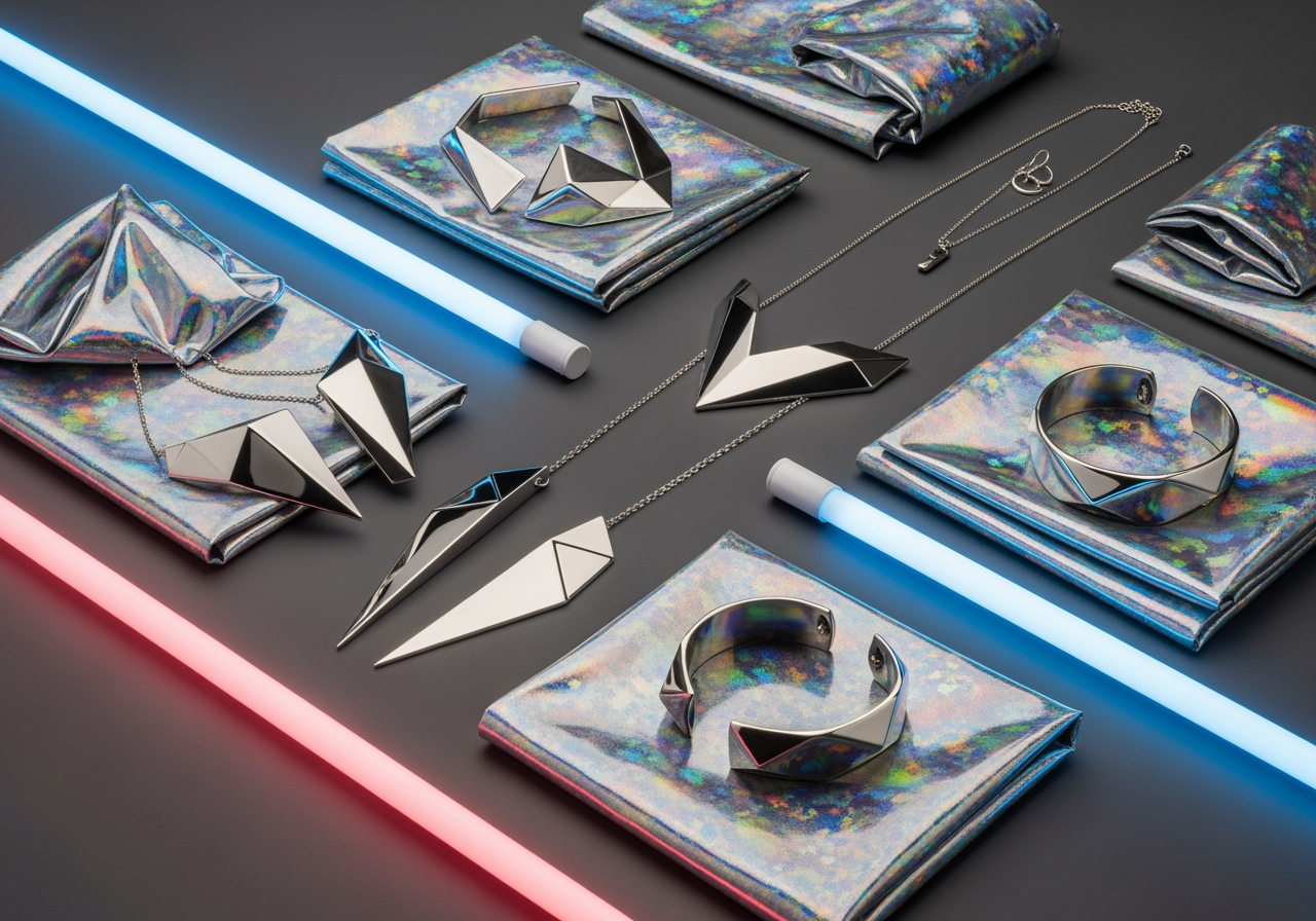 퓨처리스틱 은색 주얼리와 홀로그램 원단 견본의 플랫 레이