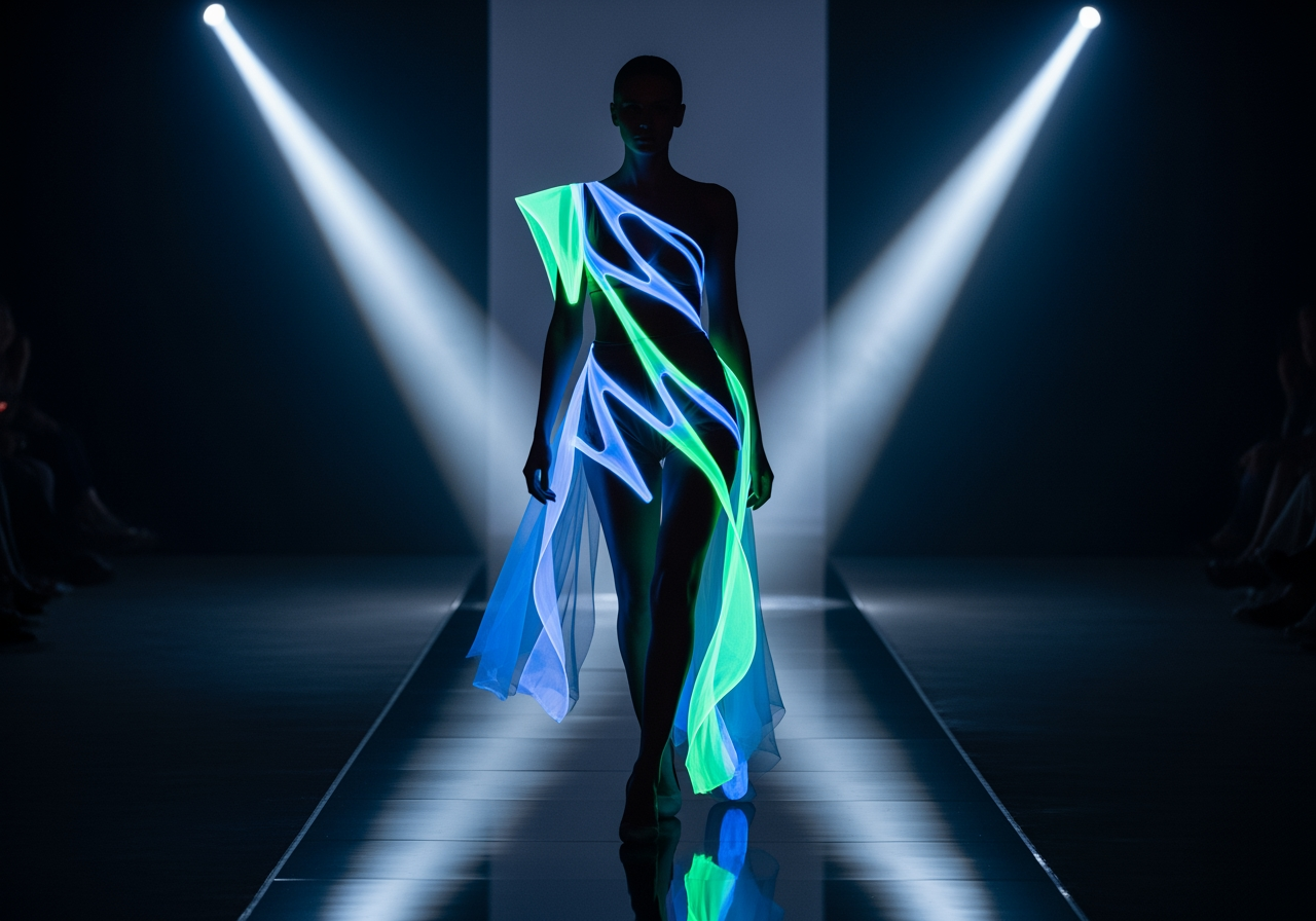생체 발광 아방가르드 의상을 입고 퓨처리스틱 런웨이를 걷는 모델