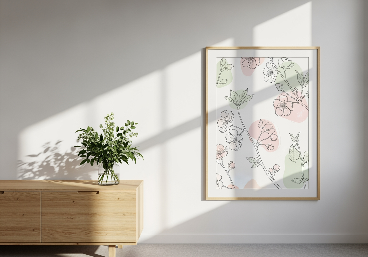 墙上挂着花卉春季艺术画框的现代家庭办公室室内设计