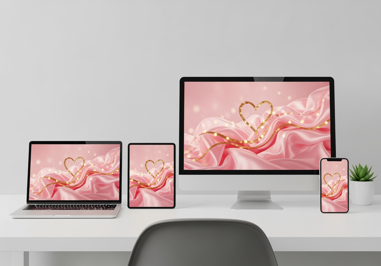 Laptop, tablet, and phone displaying matching high-quality 4K Valentine wallpapers
