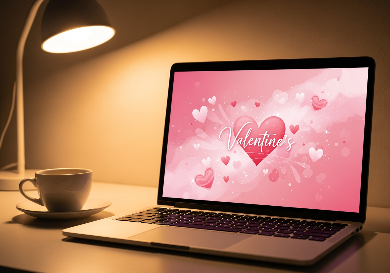 Valentine's illustration with a pink background on a laptop screen