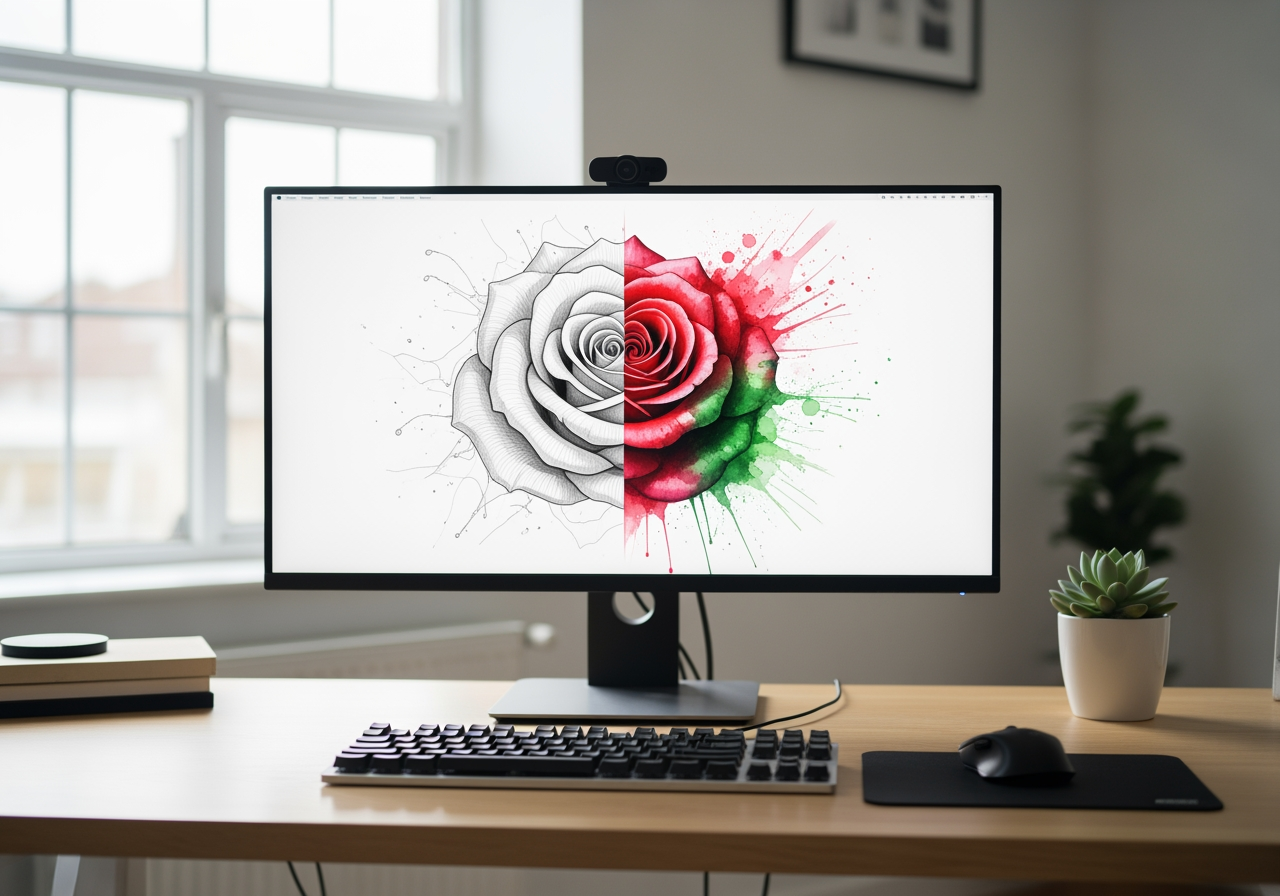 Comparison of pencil sketch and watercolor art styles on a monitor