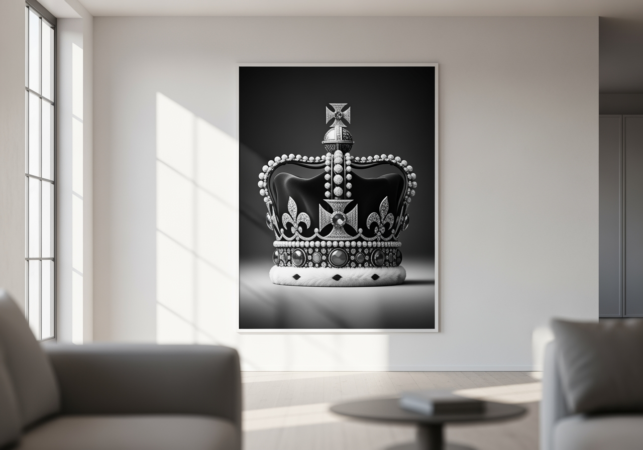 Ilustração de coroa monocromática de alta resolução emoldurada em uma parede moderna