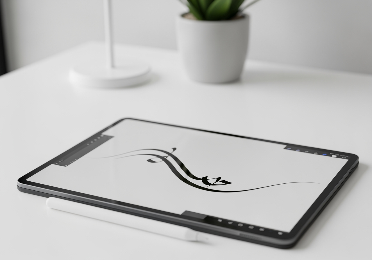 현대적인 책상 위 디지털 캘리그라피 획을 보여주는 태블릿과 스타일러스 펜