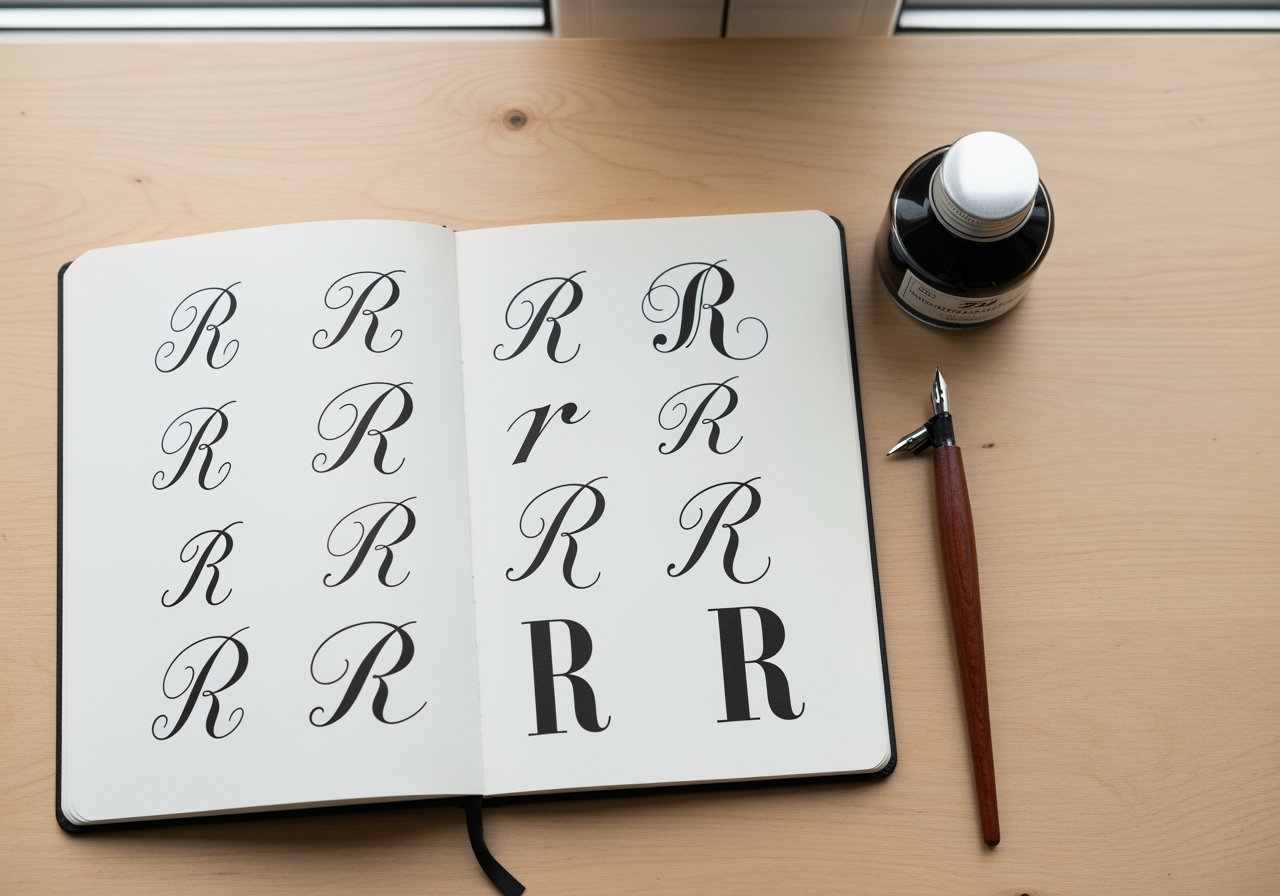 미니멀한 책상 위 다양한 스타일의 필기체 'r'이 적힌 스케치북의 평면 뷰