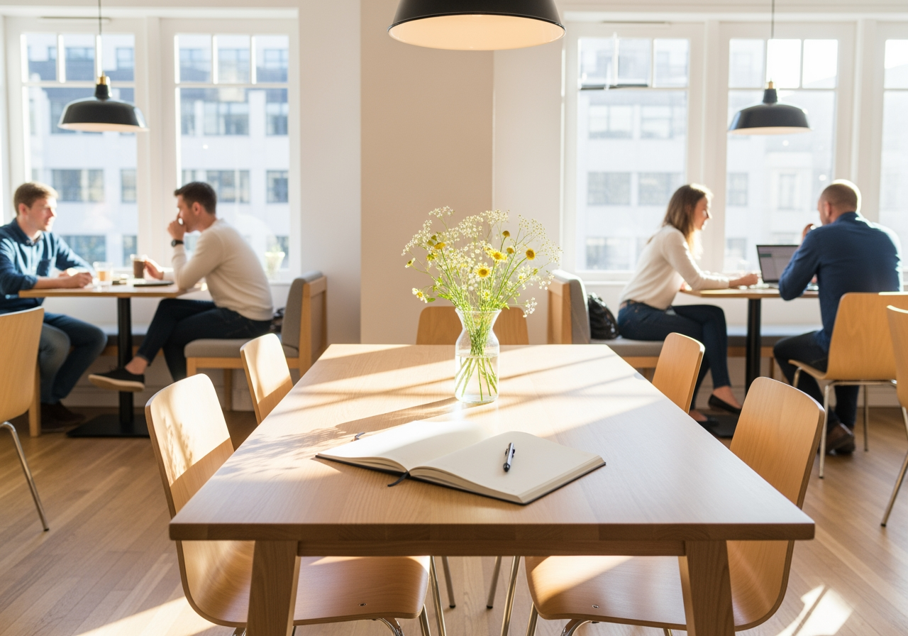 Atmosfera da caffè luminosa e moderna che rappresenta l'energia positiva del giovedì