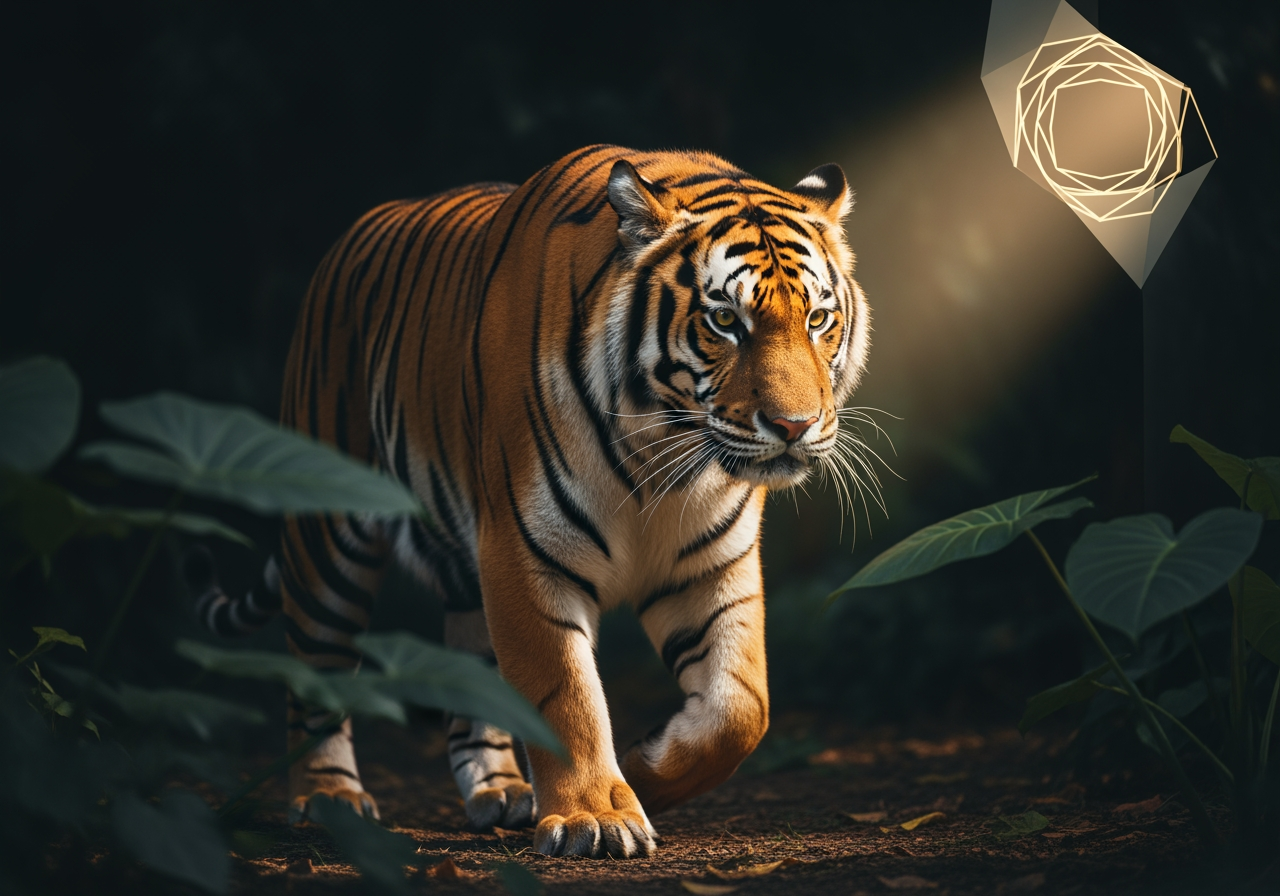 Majestätischer Tiger in einer minimalistischen Dschungelumgebung, hochauflösende KI-generierte Fotografie