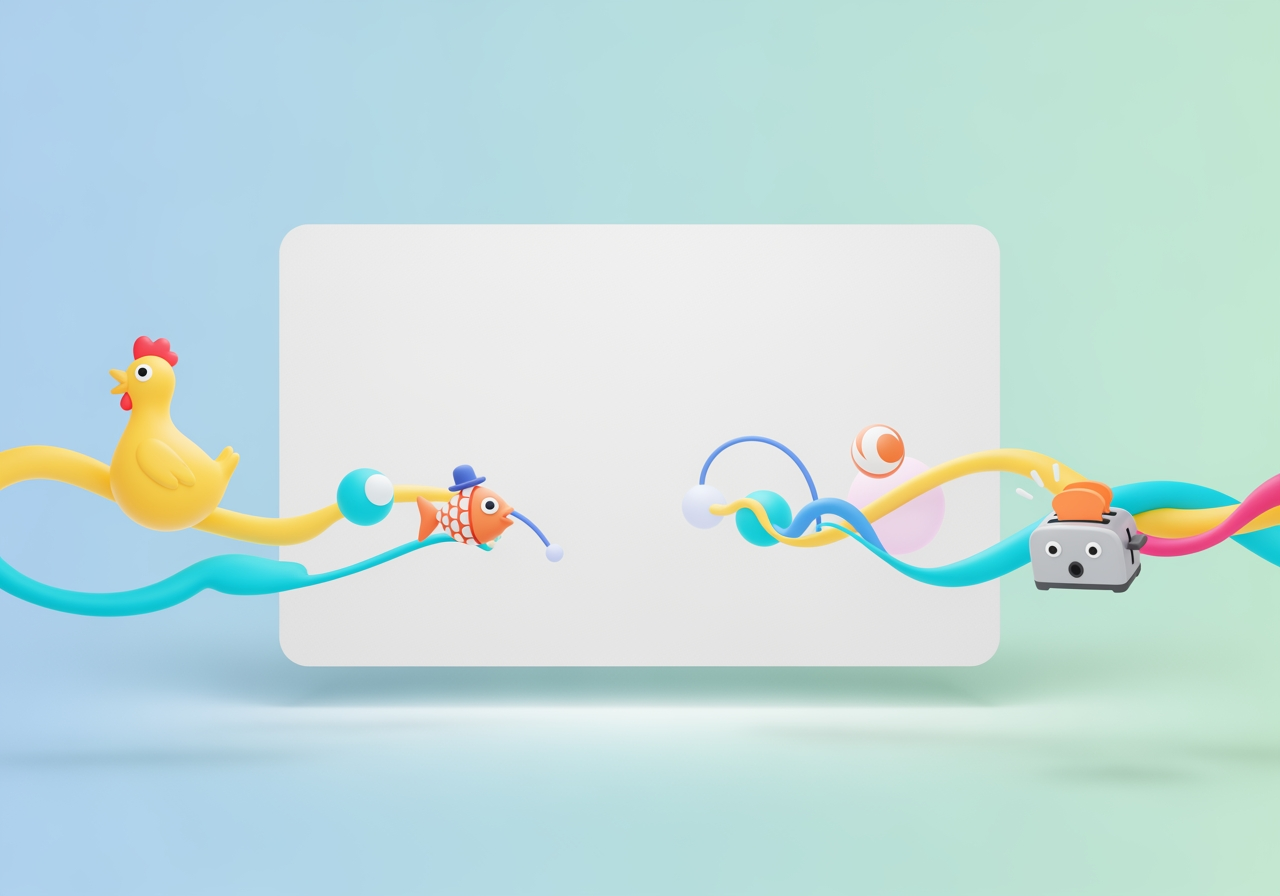 Une image épurée, moderne et minimaliste représentant un générateur de fonds d'écran amusants. Représentation abstraite et stylisée d'idées créatives coulant dans une toile numérique, avec de subtils éléments humoristiques.