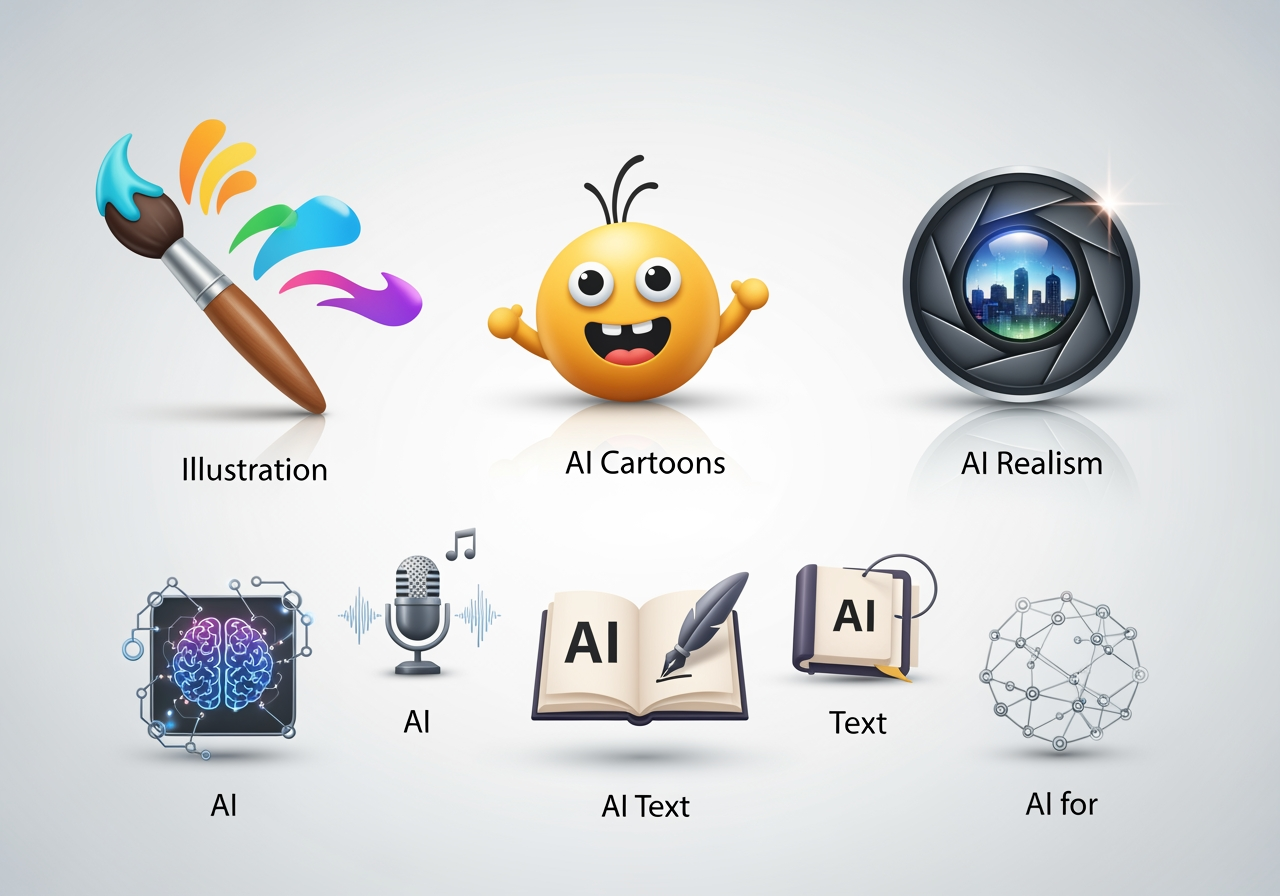 Un ensemble diversifié d'icônes ludiques et stylisées représentant divers modèles d'IA pour générer différents styles de fonds d'écran, tels que des illustrations, des dessins animés et du photoréalisme, agencés dans une composition épurée, moderne et minimaliste.